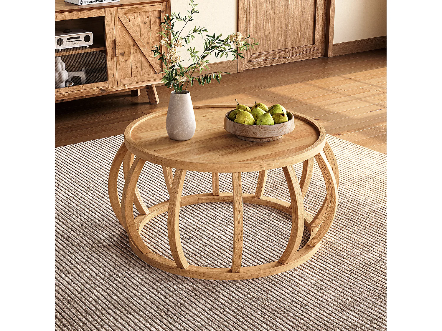 Mesa de Café de Madeira Sólida, Mesa Central Redonda de 80cm com Base de Moldura Curva
