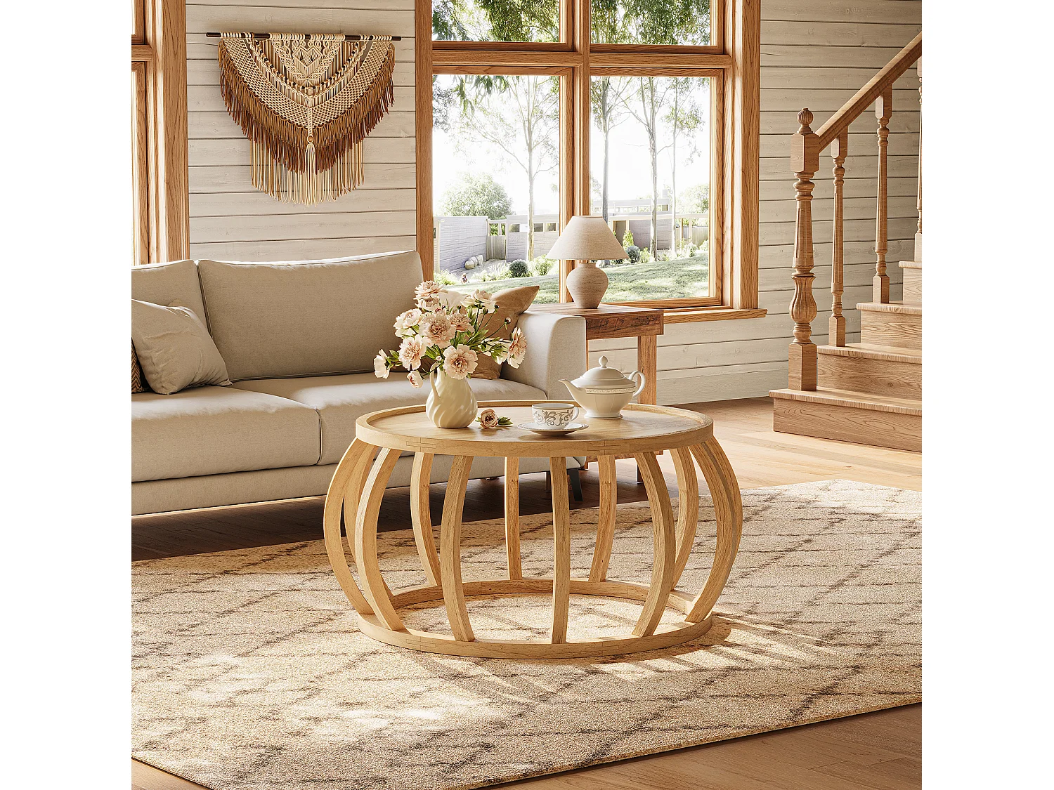 Mesa de Café de Madeira Sólida, Mesa Central Redonda de 80cm com Base de Moldura Curva