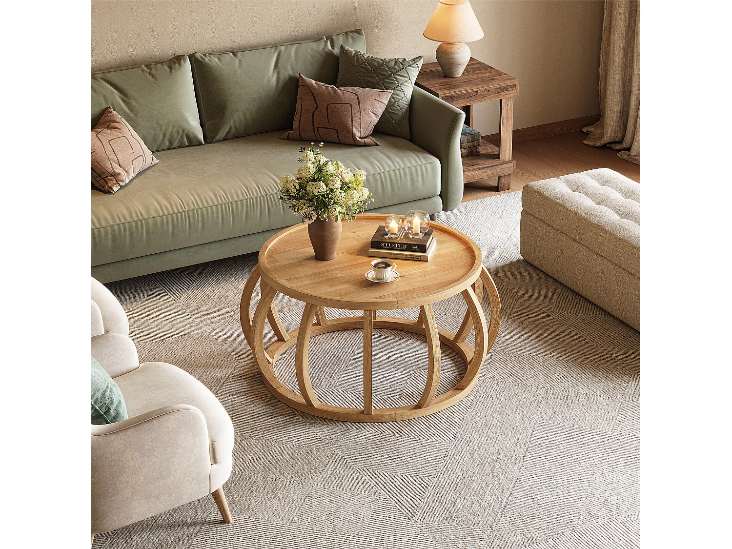 Mesa de Café de Madeira Sólida, Mesa Central Redonda de 80cm com Base de Moldura Curva