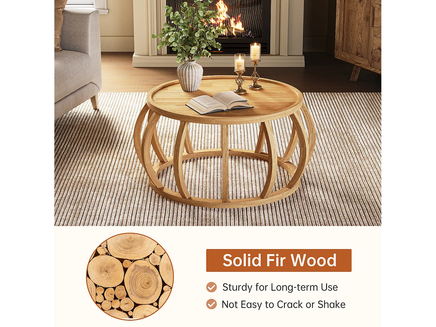 Mesa de Café de Madeira Sólida, Mesa Central Redonda de 80cm com Base de Moldura Curva