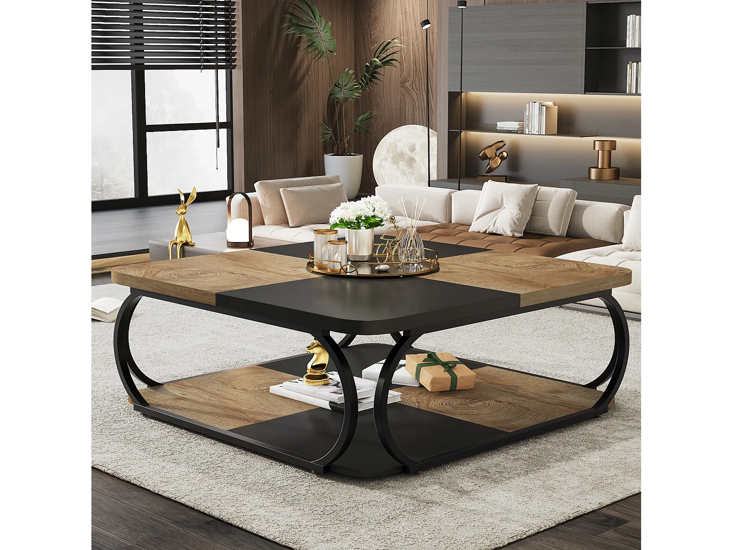 Quadratischer Couchtisch mit offenem Ablageschrank für das Wohnzimmer, 2 Ebenen, Schwarz Hellbraun