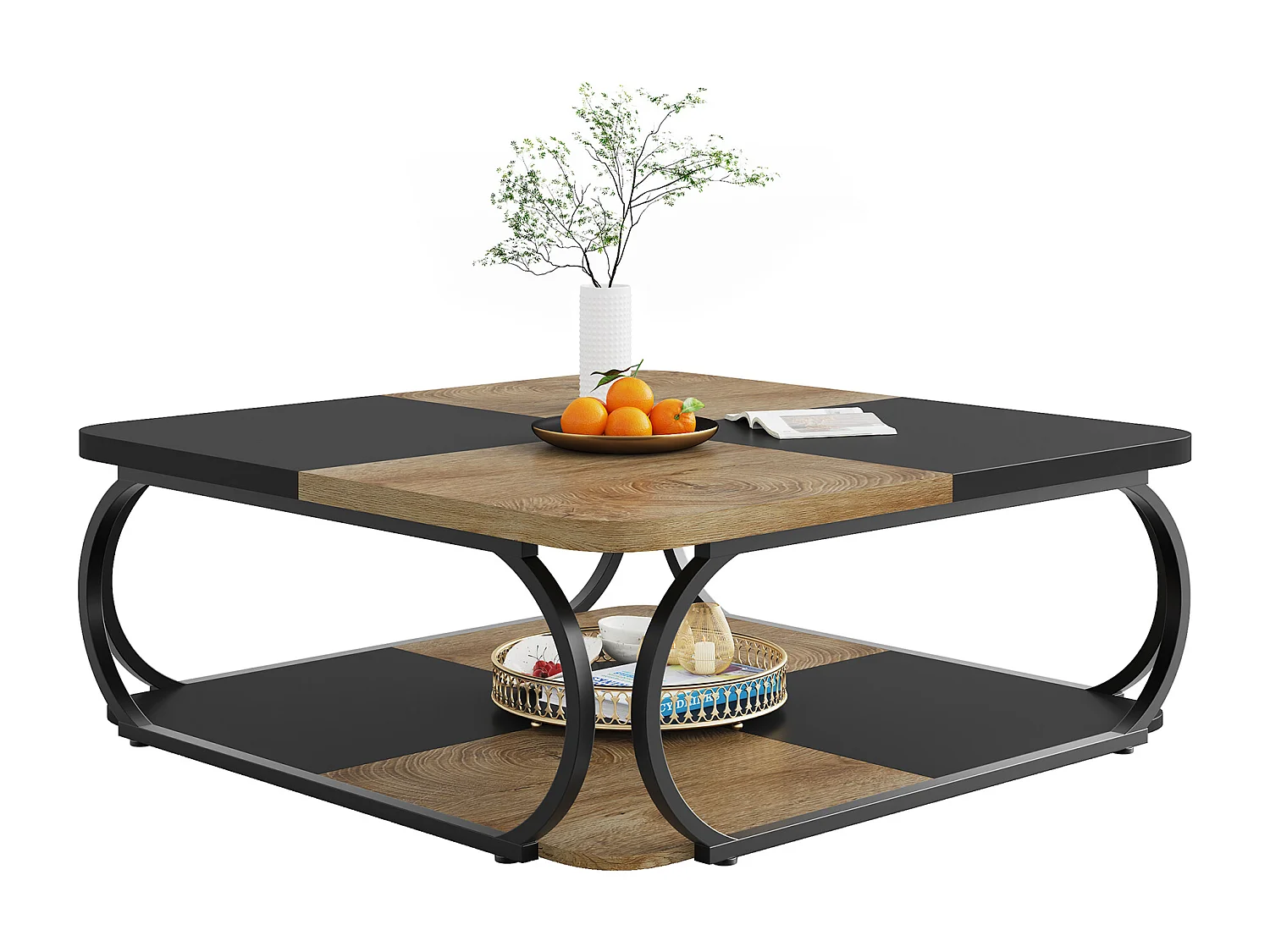 Quadratischer Couchtisch mit offenem Ablageschrank für das Wohnzimmer, 2 Ebenen, Schwarz Hellbraun