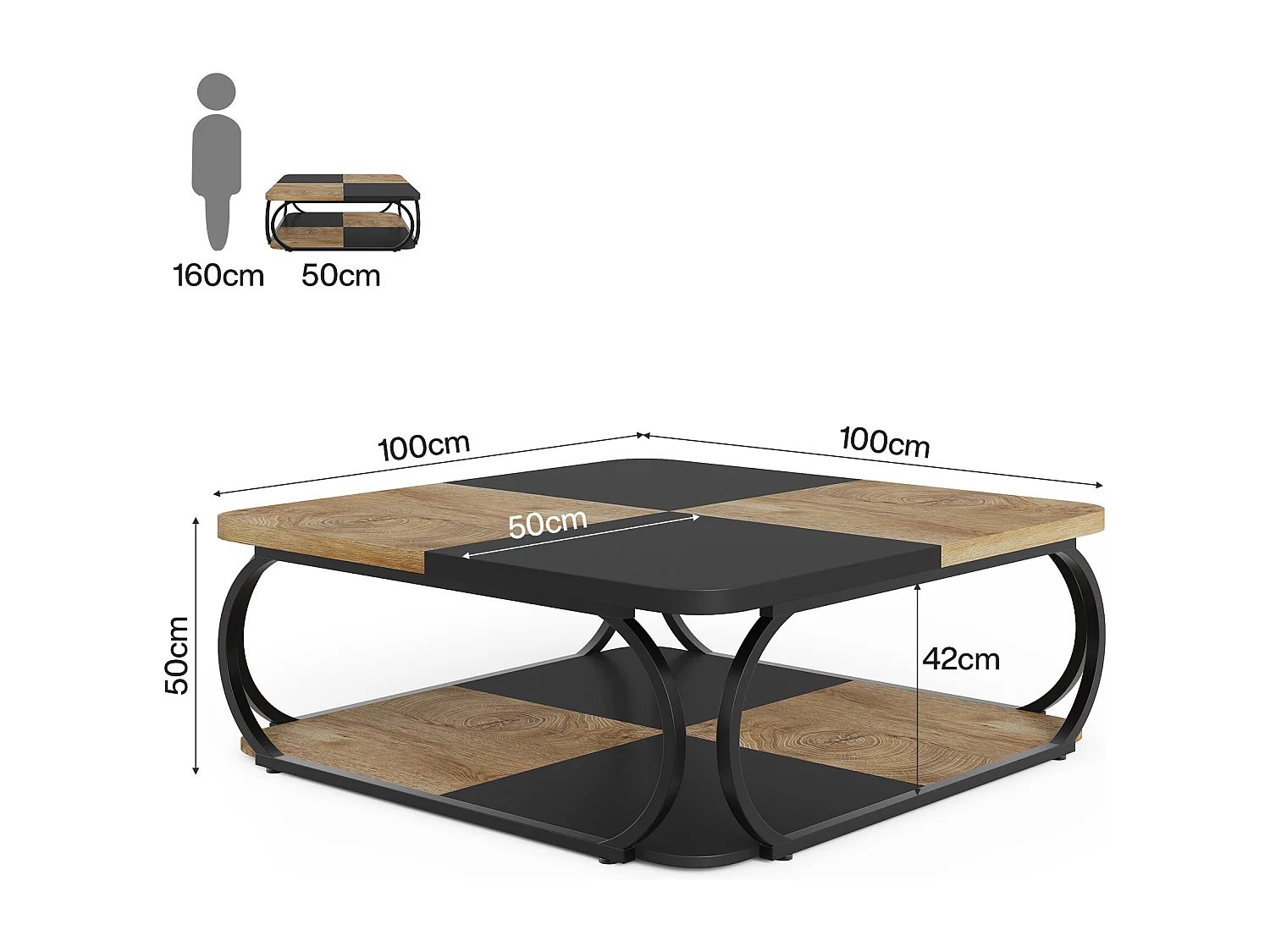 Quadratischer Couchtisch mit offenem Ablageschrank für das Wohnzimmer, 2 Ebenen, Schwarz Hellbraun