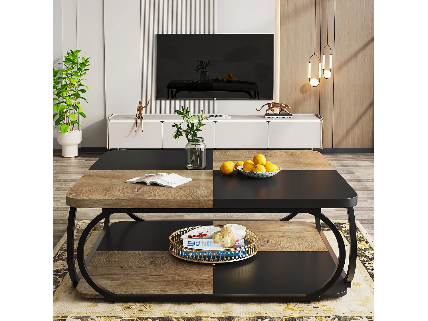Quadratischer Couchtisch mit offenem Ablageschrank für das Wohnzimmer, 2 Ebenen, Schwarz Hellbraun