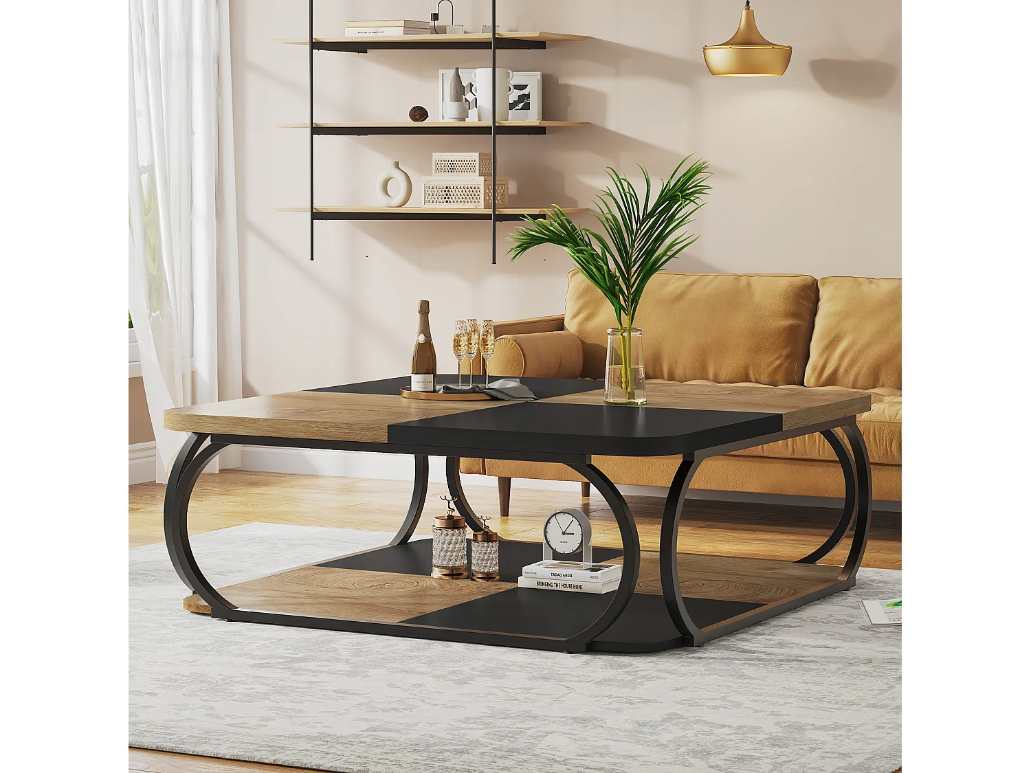Quadratischer Couchtisch mit offenem Ablageschrank für das Wohnzimmer, 2 Ebenen, Schwarz Hellbraun