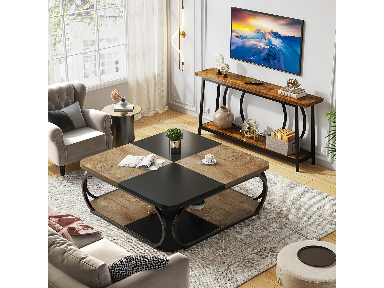 Quadratischer Couchtisch mit offenem Ablageschrank für das Wohnzimmer, 2 Ebenen, Schwarz Hellbraun