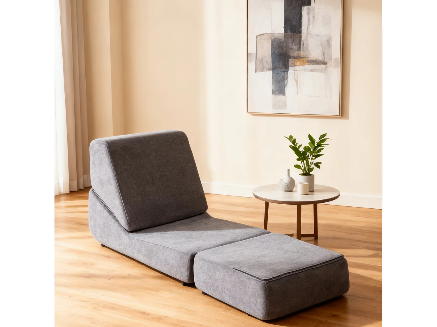 Canapé convertible 3 modes, assise ou inclinée, structure sans armature, flannelette grise