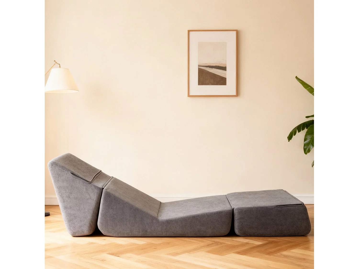 Canapé convertible 3 modes, assise ou inclinée, structure sans armature, flannelette grise