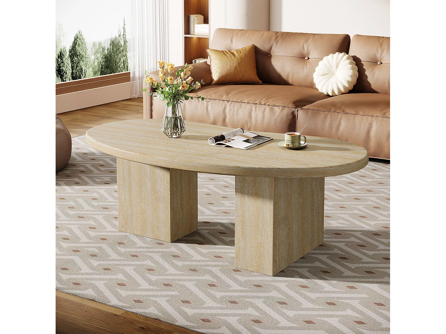 Table basse ovale pour salon, table centrale avec pieds asymétriques