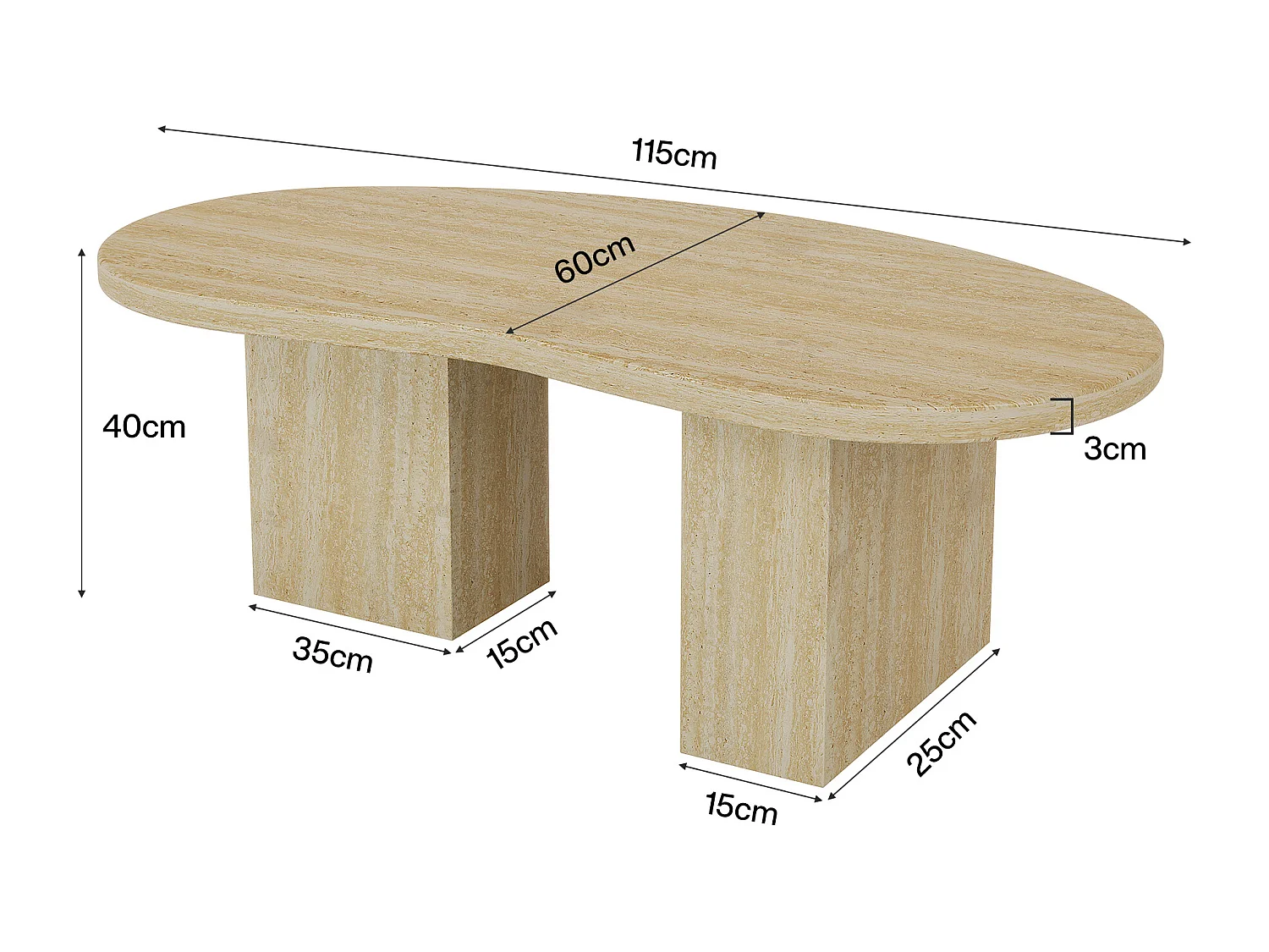 Table basse ovale pour salon, table centrale avec pieds asymétriques