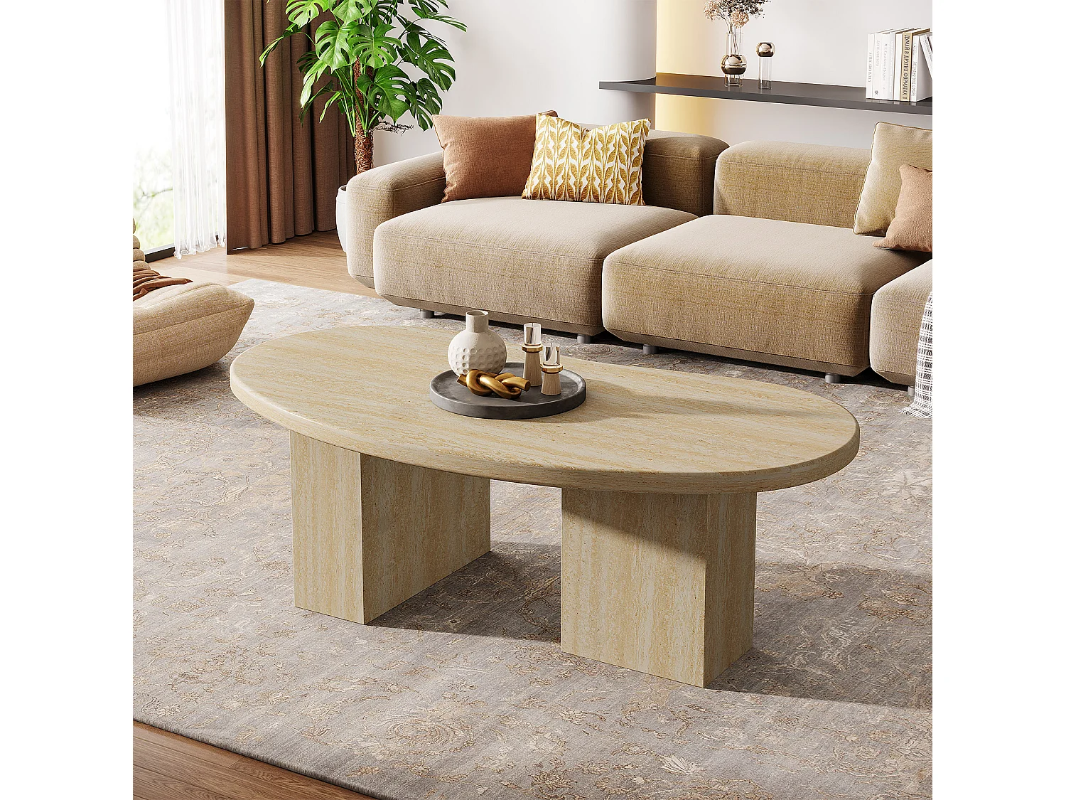 Table basse ovale pour salon, table centrale avec pieds asymétriques