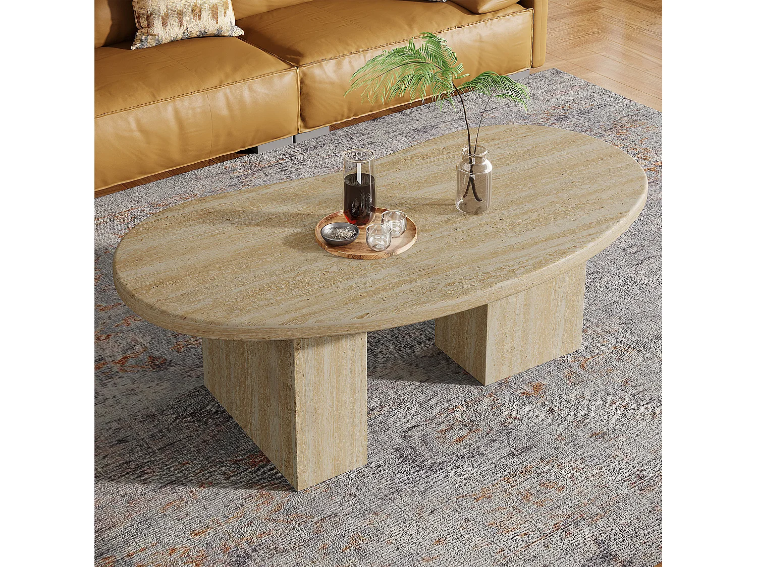 Table basse ovale pour salon, table centrale avec pieds asymétriques