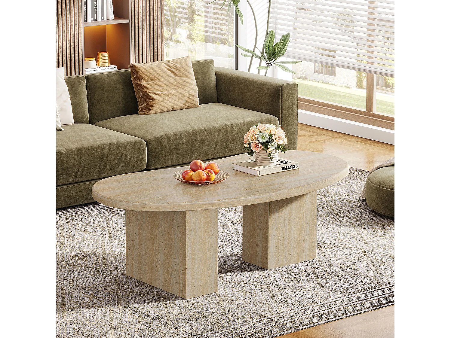 Table basse ovale pour salon, table centrale avec pieds asymétriques