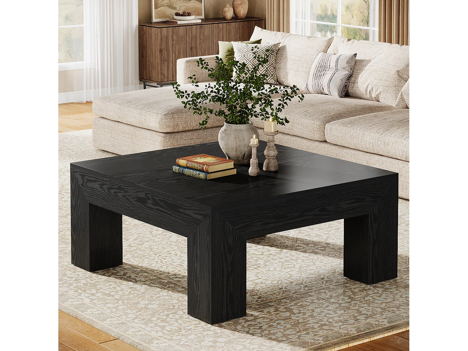 Tavolino da caffè quadrato per soggiorno, tavolino da tè basso e grande centrale nero