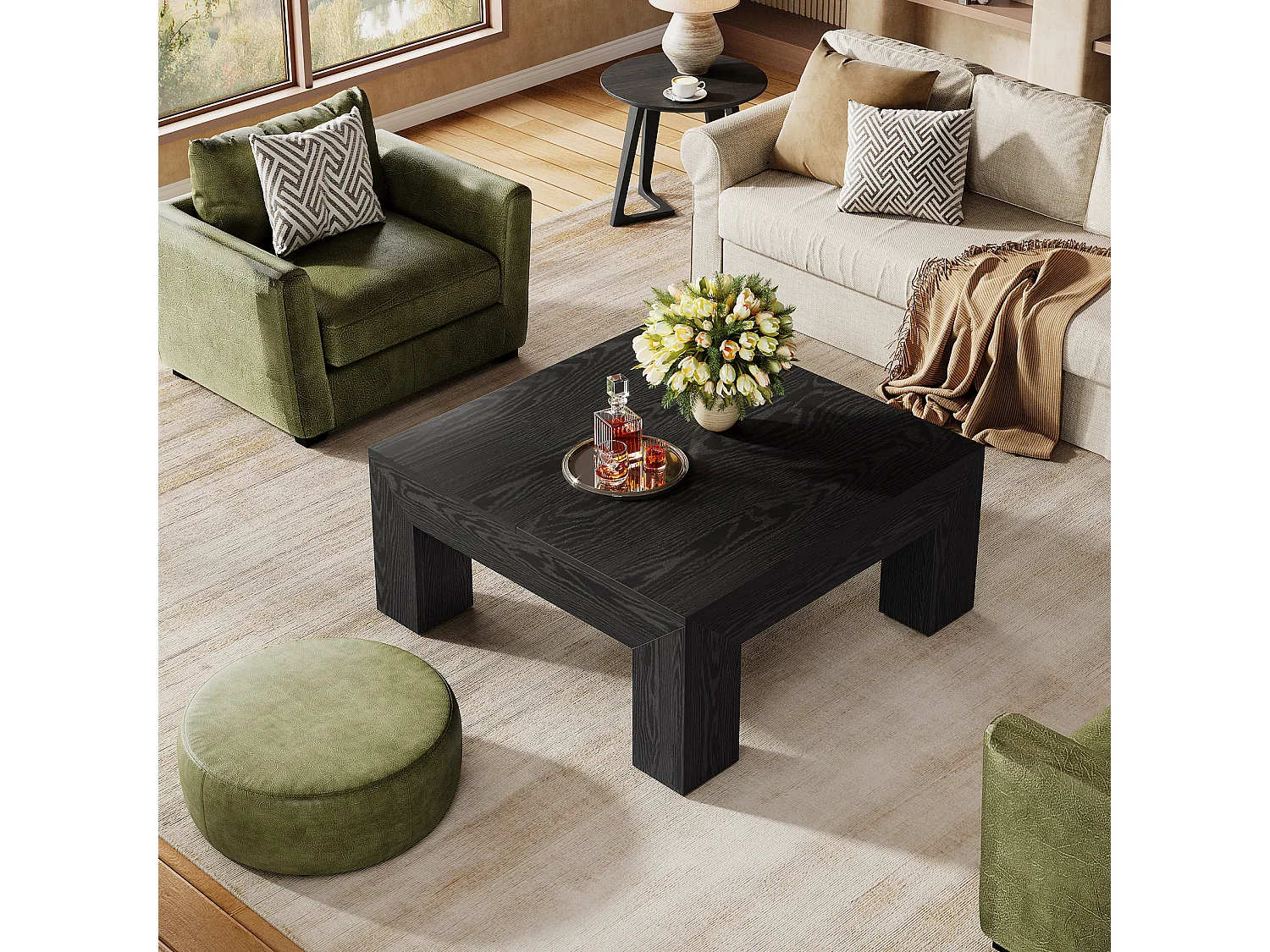 Tavolino da caffè quadrato per soggiorno, tavolino da tè basso e grande centrale nero