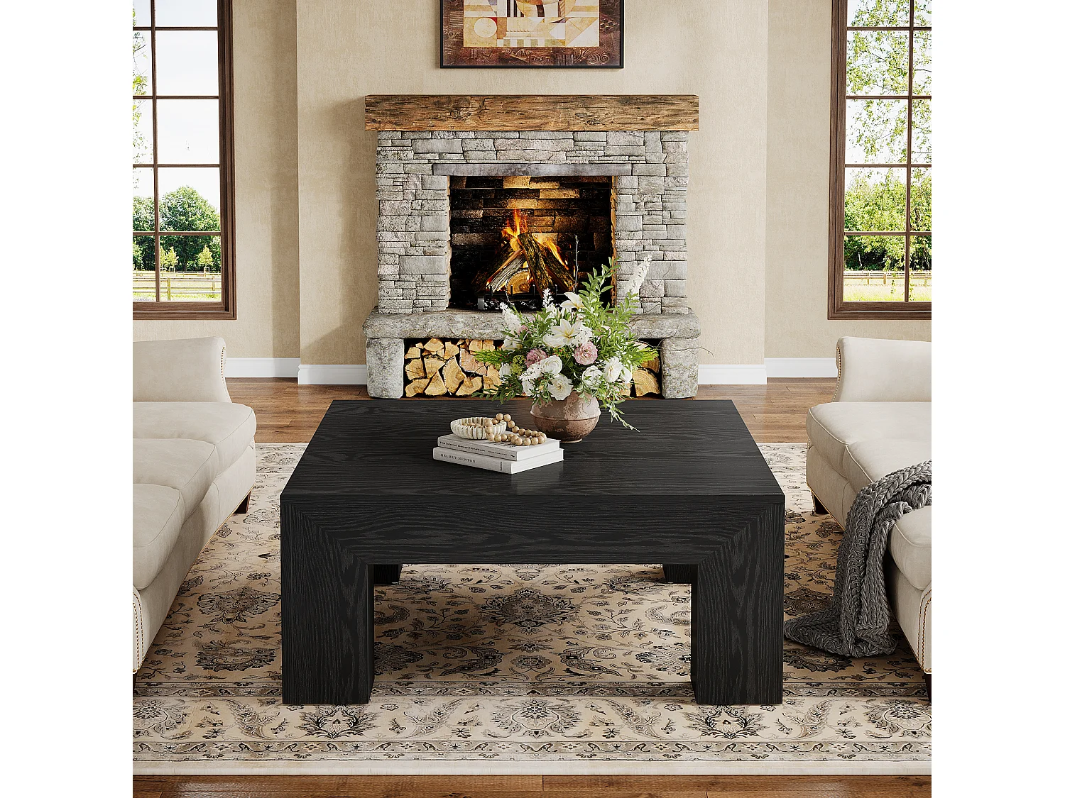 Tavolino da caffè quadrato per soggiorno, tavolino da tè basso e grande centrale nero