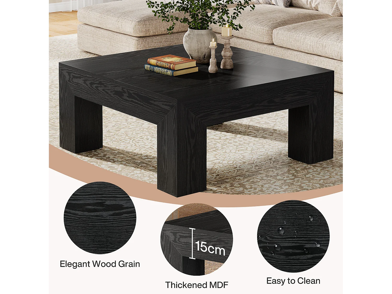 Tavolino da caffè quadrato per soggiorno, tavolino da tè basso e grande centrale nero