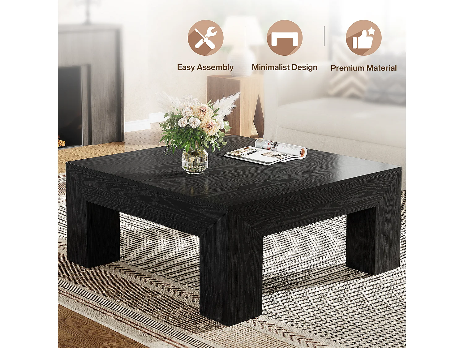 Tavolino da caffè quadrato per soggiorno, tavolino da tè basso e grande centrale nero