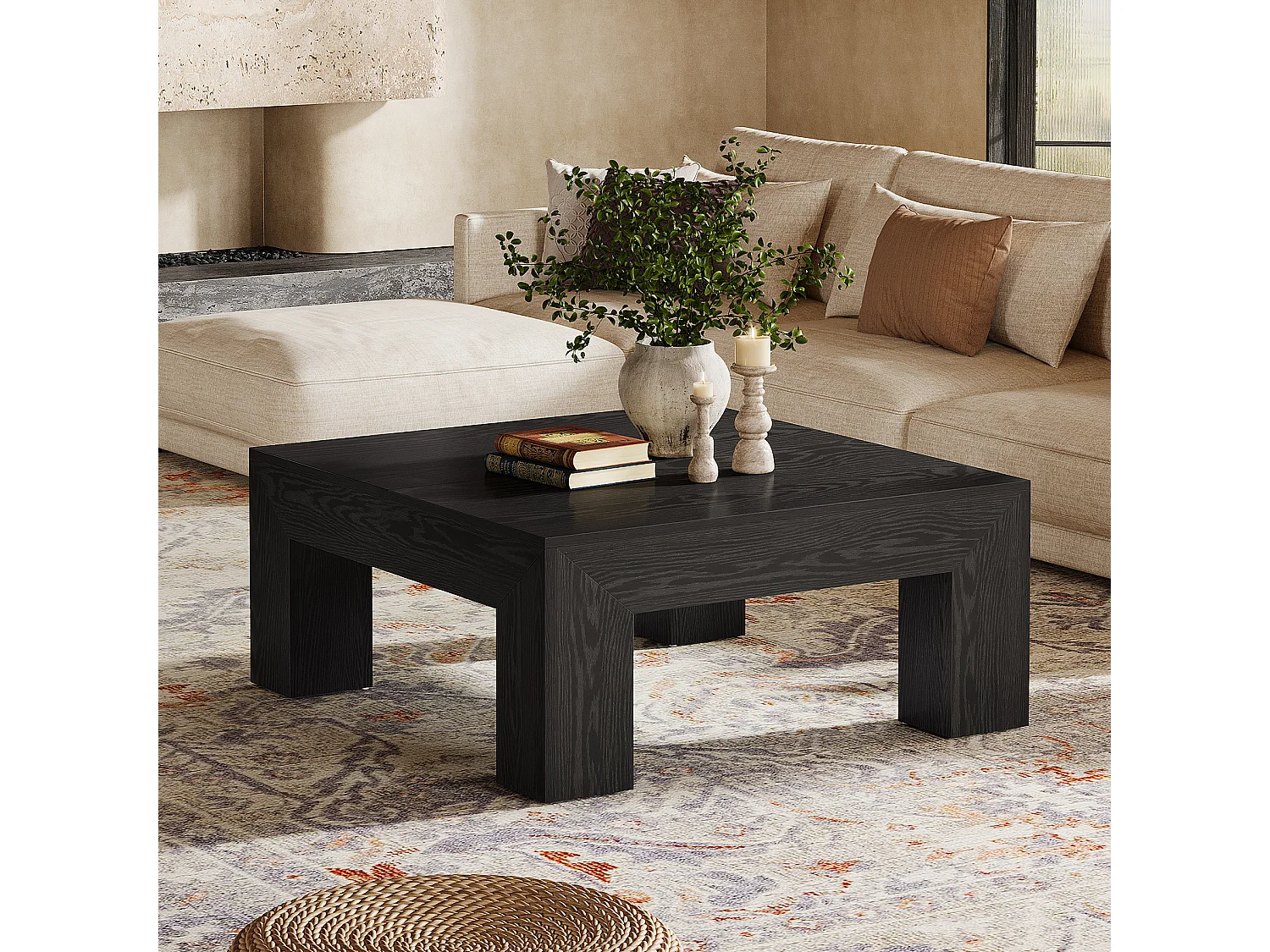 Tavolino da caffè quadrato per soggiorno, tavolino da tè basso e grande centrale nero