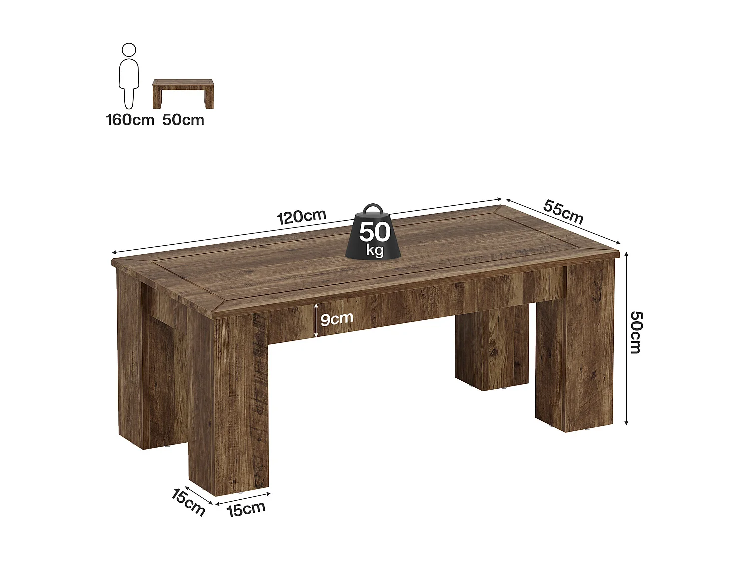 Mesa de Café Retangular para Sala de Estar, Mesa de Cocktail Central Rural, Marrom Rústico