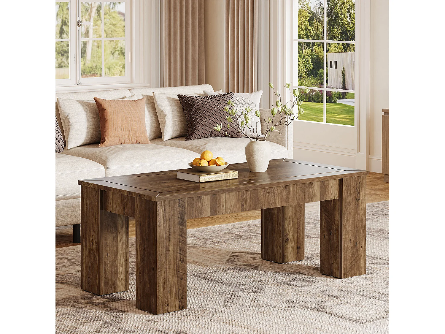 Mesa de Café Retangular para Sala de Estar, Mesa de Cocktail Central Rural, Marrom Rústico