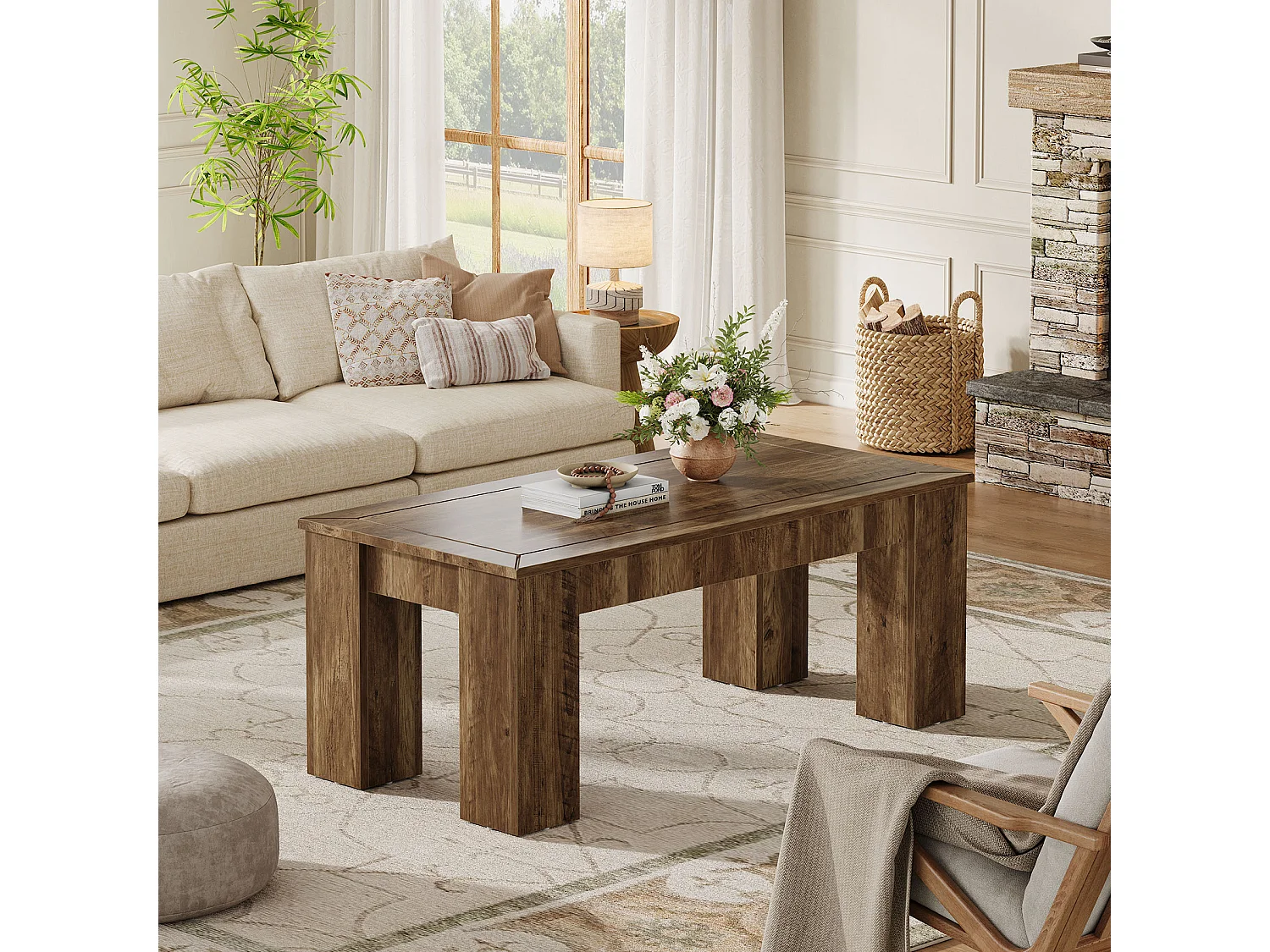 Mesa de Café Retangular para Sala de Estar, Mesa de Cocktail Central Rural, Marrom Rústico