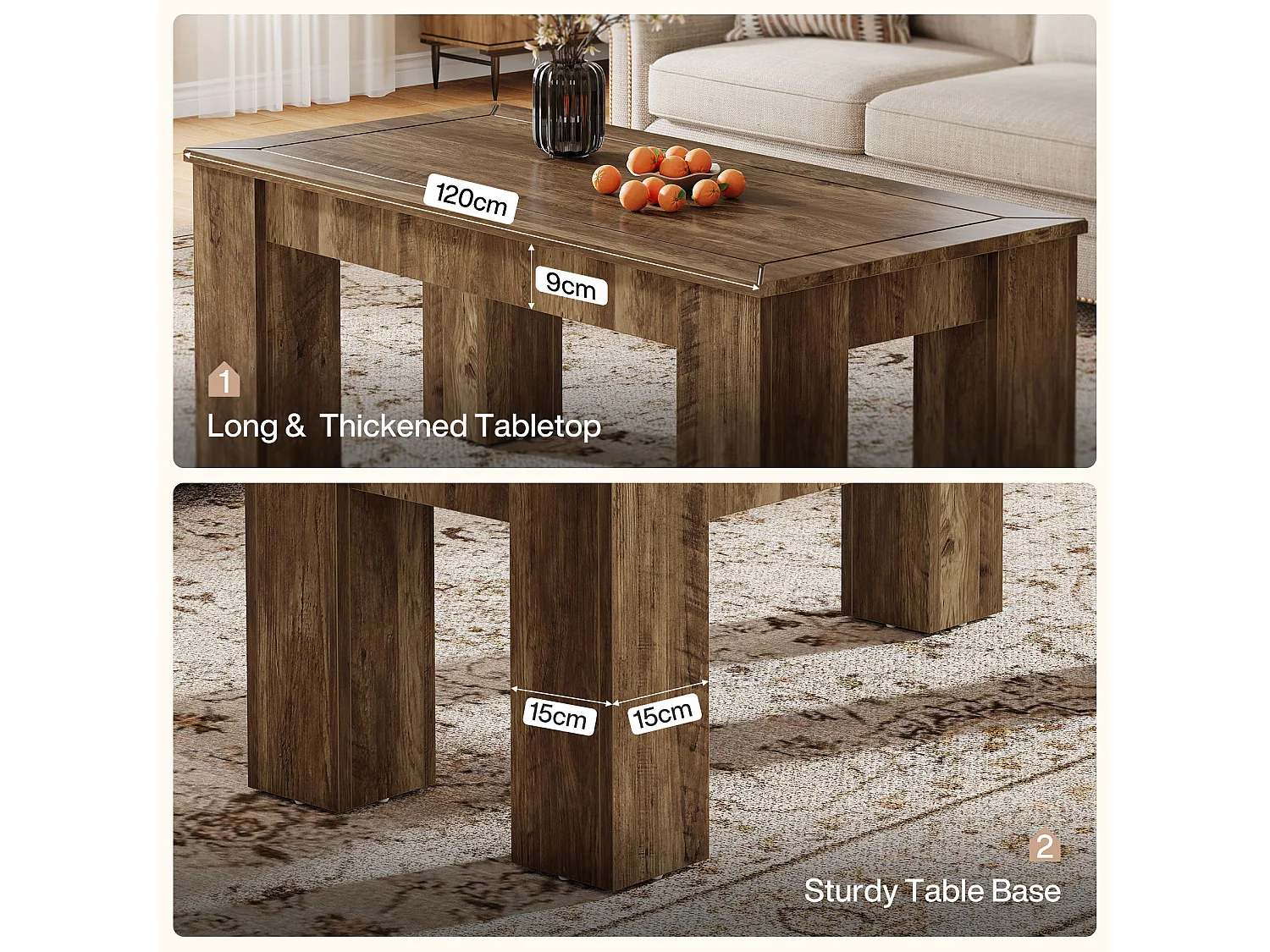 Mesa de Café Retangular para Sala de Estar, Mesa de Cocktail Central Rural, Marrom Rústico