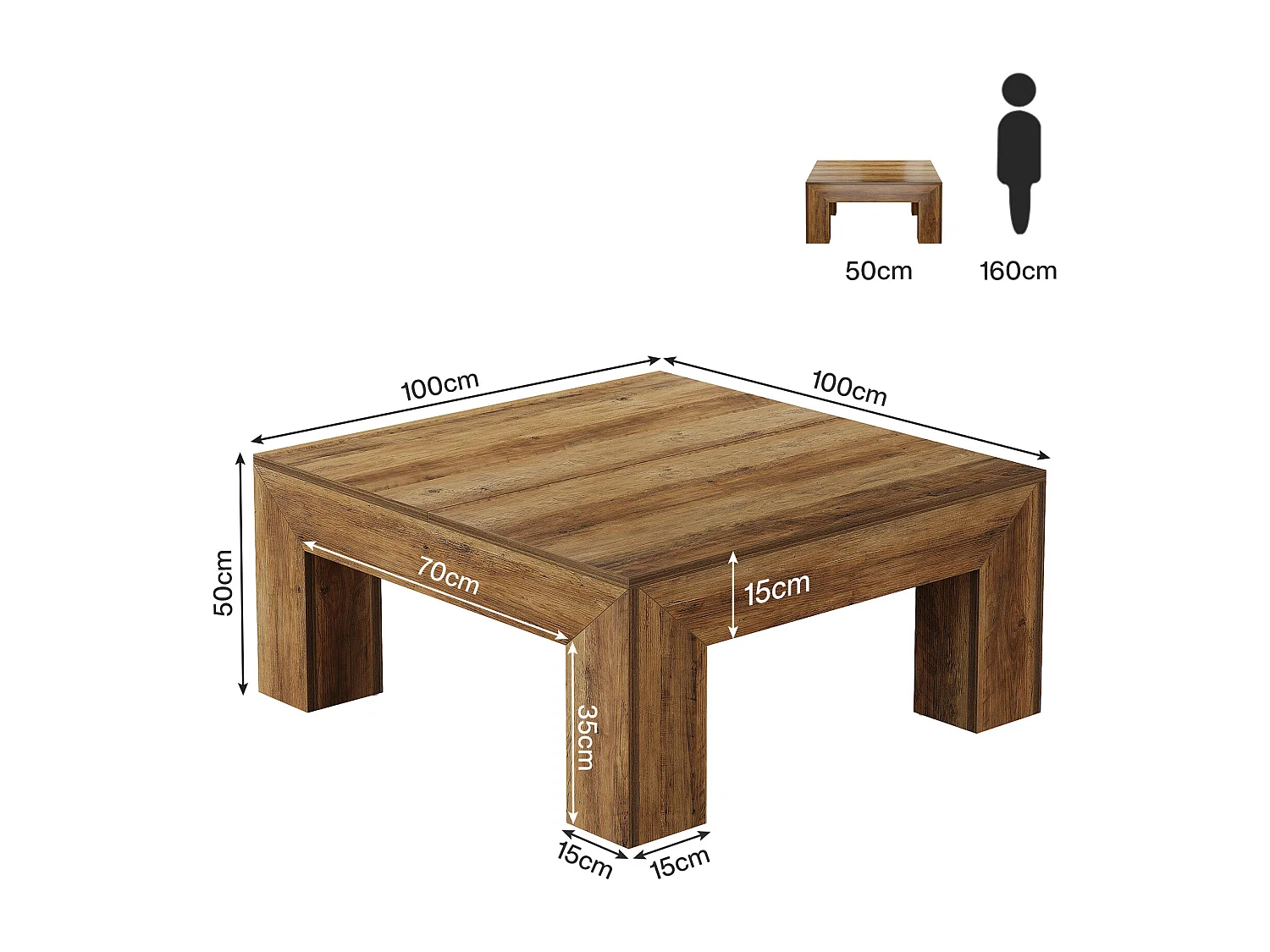 Tavolino da caffè quadrato per soggiorno, tavolino da tè basso e grande centrale, marrone rustico