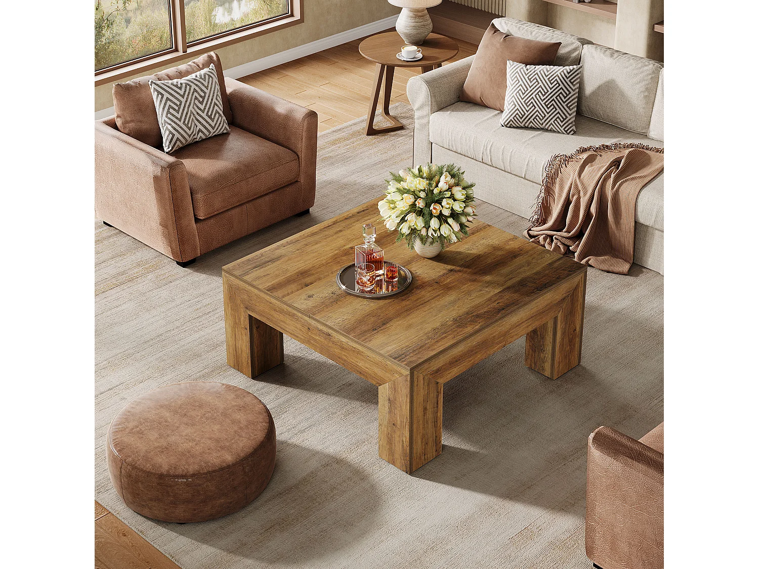 Tavolino da caffè quadrato per soggiorno, tavolino da tè basso e grande centrale, marrone rustico