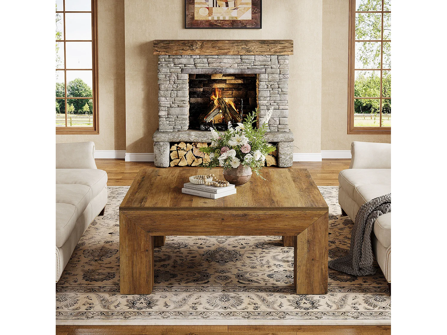 Tavolino da caffè quadrato per soggiorno, tavolino da tè basso e grande centrale, marrone rustico