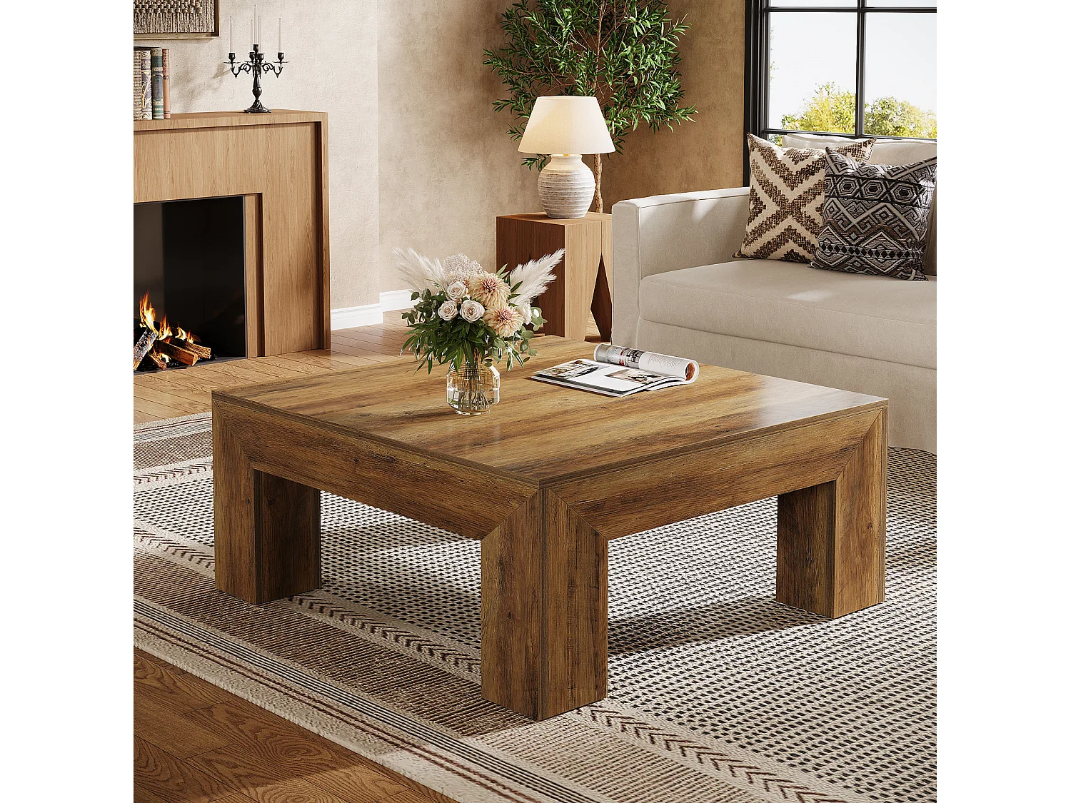 Tavolino da caffè quadrato per soggiorno, tavolino da tè basso e grande centrale, marrone rustico