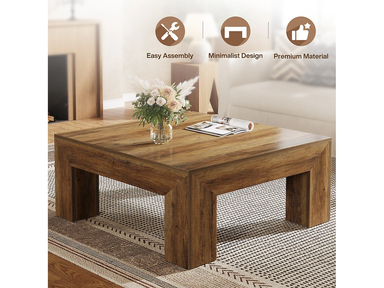 Tavolino da caffè quadrato per soggiorno, tavolino da tè basso e grande centrale, marrone rustico