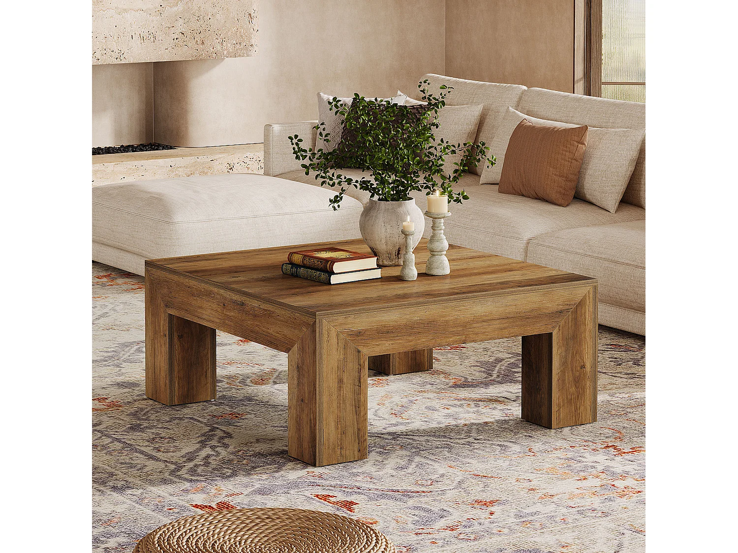 Tavolino da caffè quadrato per soggiorno, tavolino da tè basso e grande centrale, marrone rustico