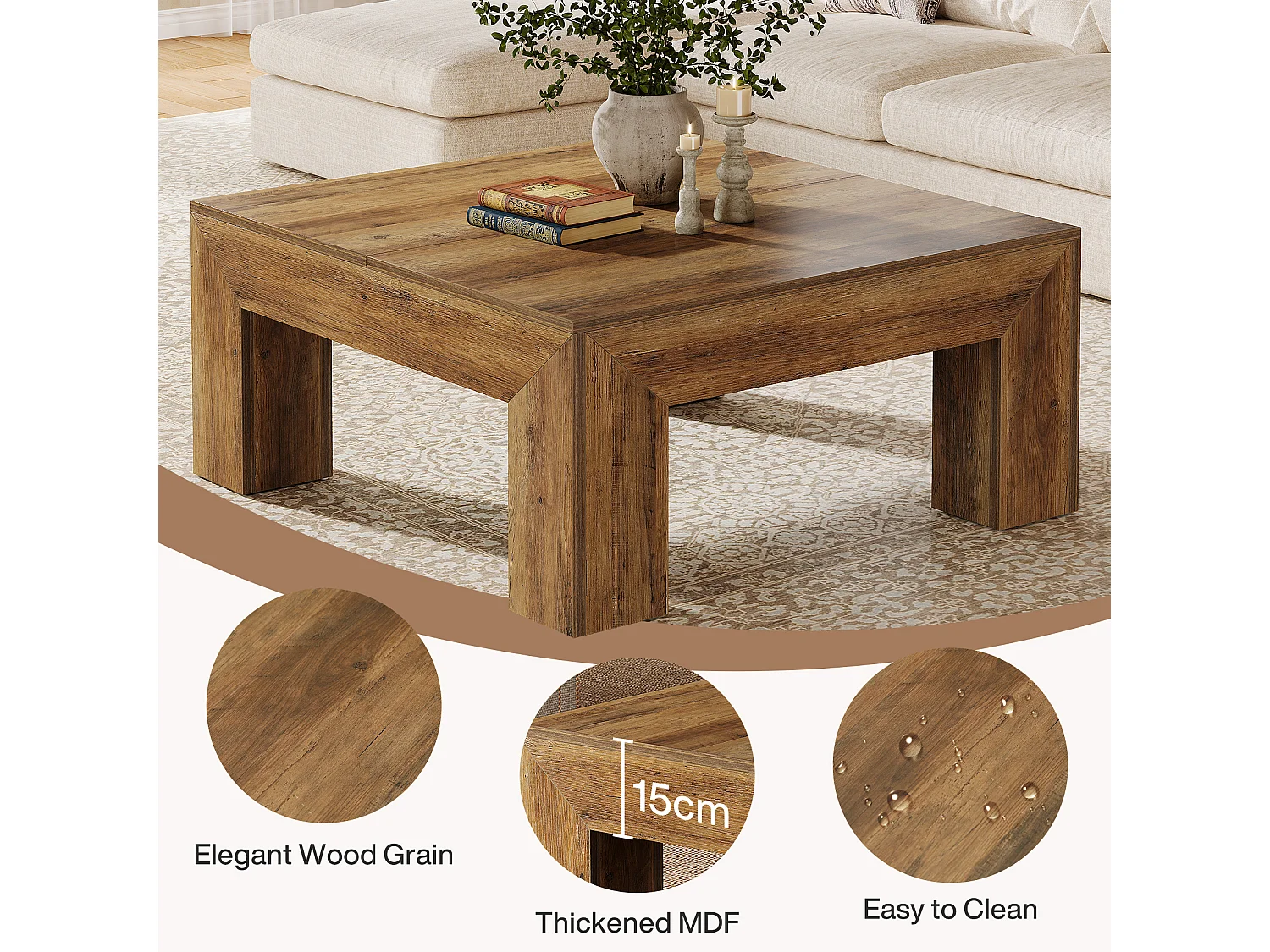 Tavolino da caffè quadrato per soggiorno, tavolino da tè basso e grande centrale, marrone rustico