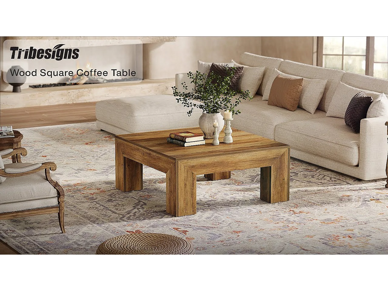 Mesa de café cuadrada para sala de estar, mesa de té central baja y grande de color marrón rústico