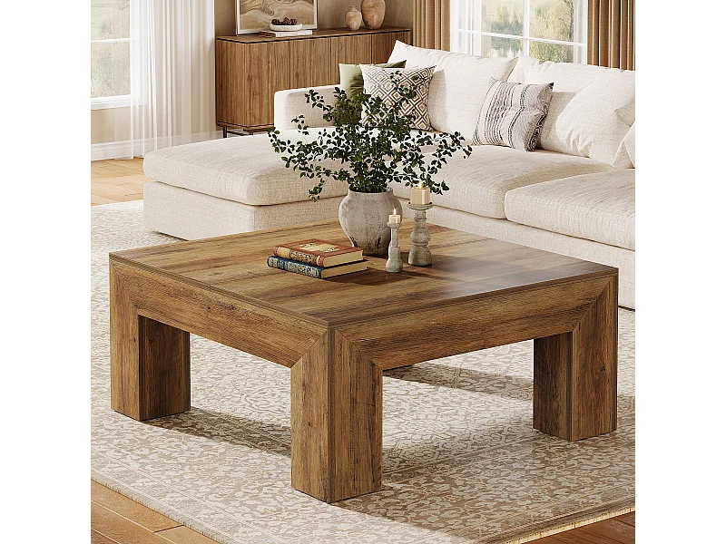 Tavolino da caffè quadrato per soggiorno, tavolino da tè basso e grande centrale, marrone rustico