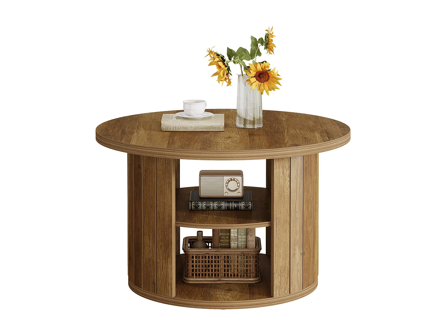Mesa de café redonda com armazenamento, mesa central circular pequena de 80 cm para a sala de estar, marrom rústico