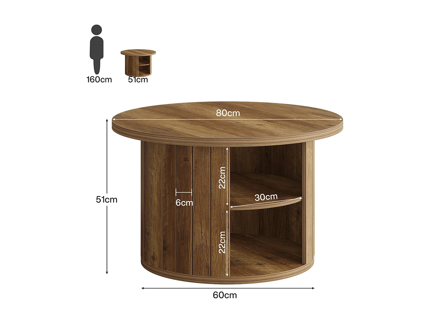 Mesa de café redonda com armazenamento, mesa central circular pequena de 80 cm para a sala de estar, marrom rústico