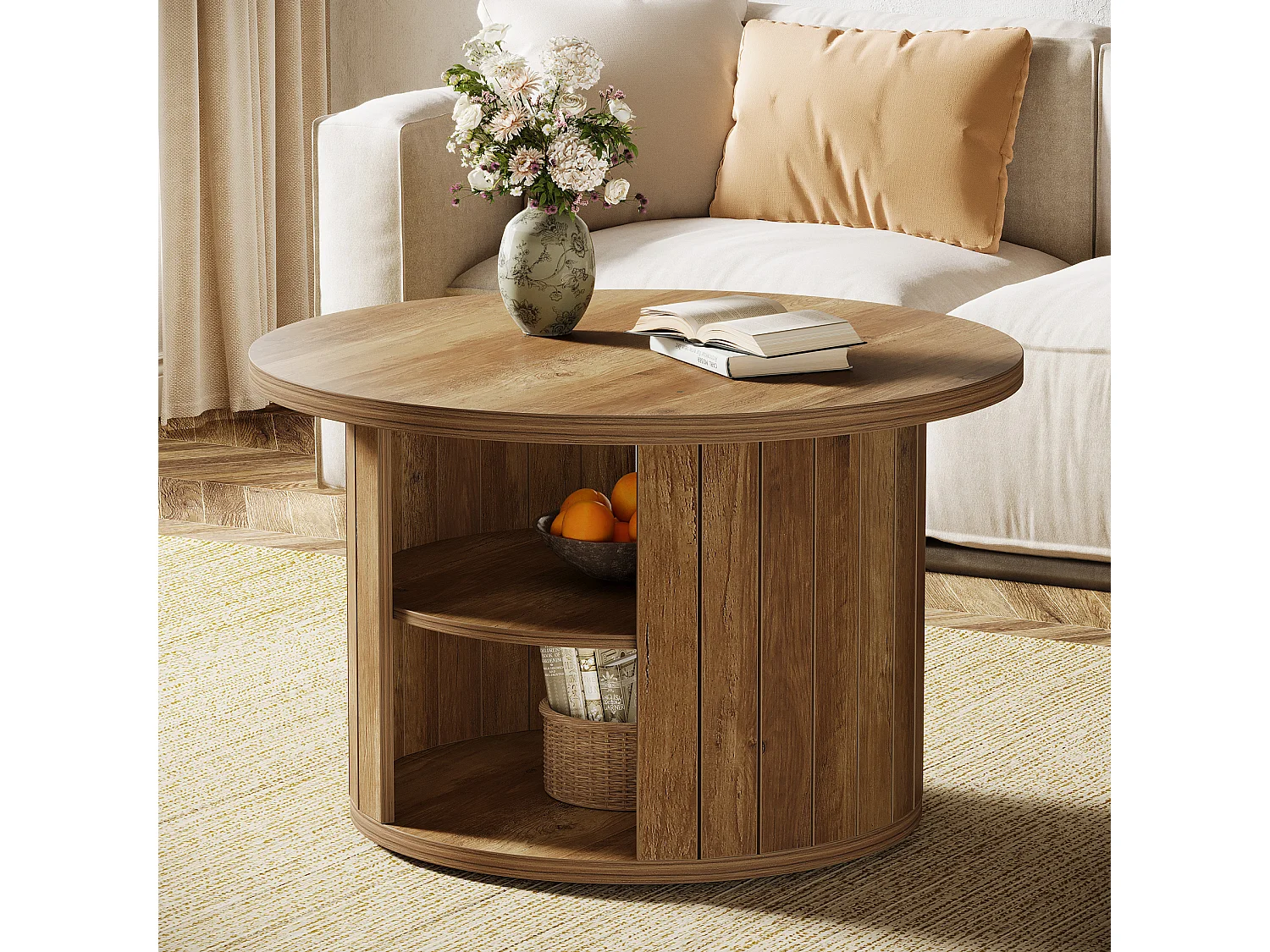 Mesa de café redonda com armazenamento, mesa central circular pequena de 80 cm para a sala de estar, marrom rústico