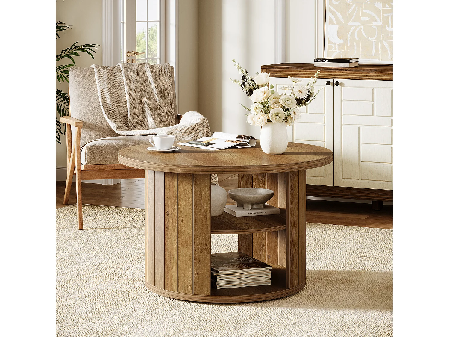 Mesa de café redonda com armazenamento, mesa central circular pequena de 80 cm para a sala de estar, marrom rústico