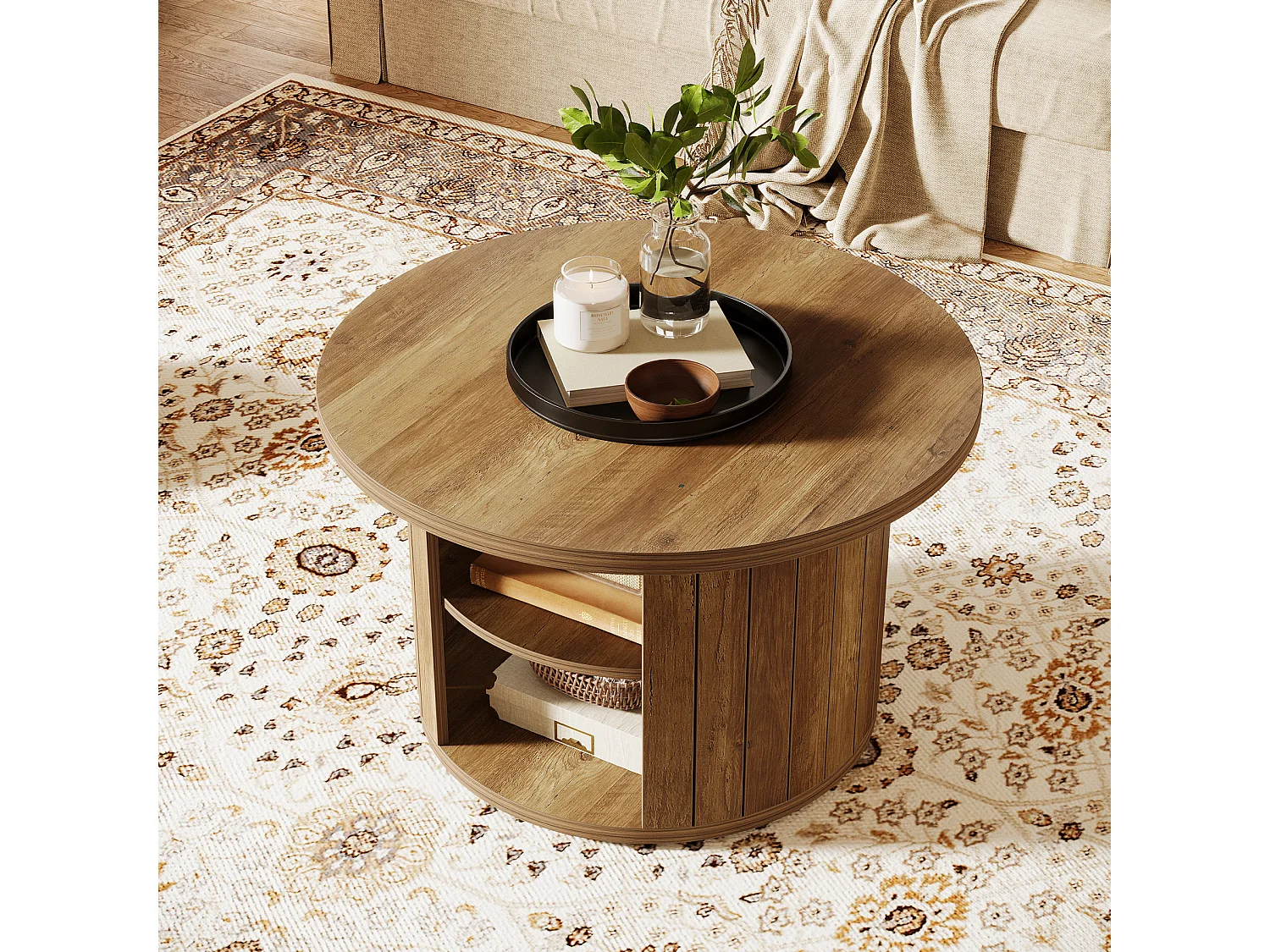 Mesa de café redonda com armazenamento, mesa central circular pequena de 80 cm para a sala de estar, marrom rústico