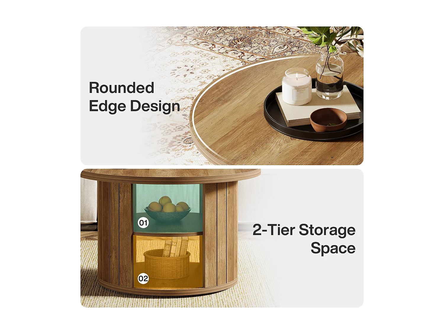 Mesa de café redonda com armazenamento, mesa central circular pequena de 80 cm para a sala de estar, marrom rústico