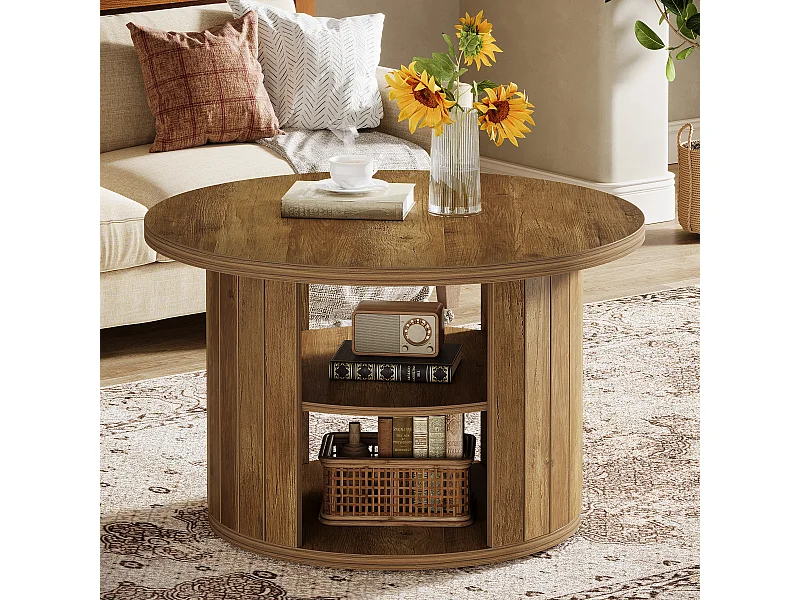 Mesa de café redonda com armazenamento, mesa central circular pequena de 80 cm para a sala de estar, marrom rústico