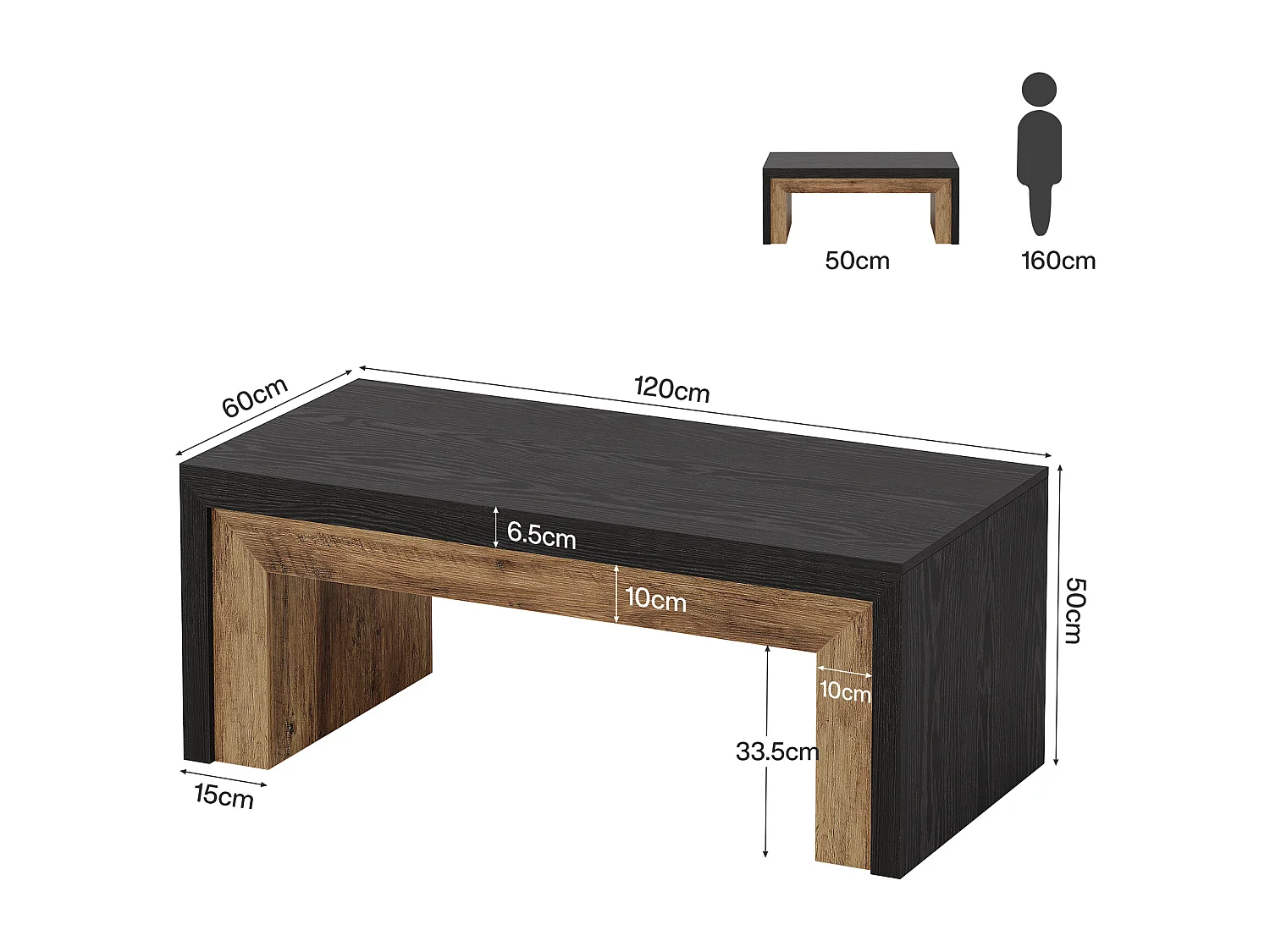 Table basse de style campagnard pour salon, table d'appoint de style milieu du siècle avec base robuste