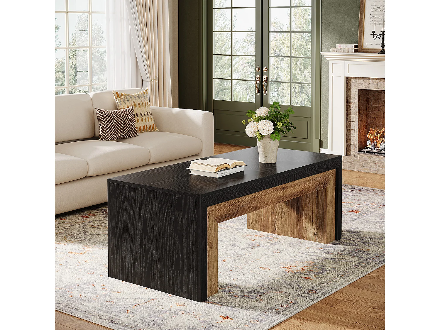 Table basse de style campagnard pour salon, table d'appoint de style milieu du siècle avec base robuste