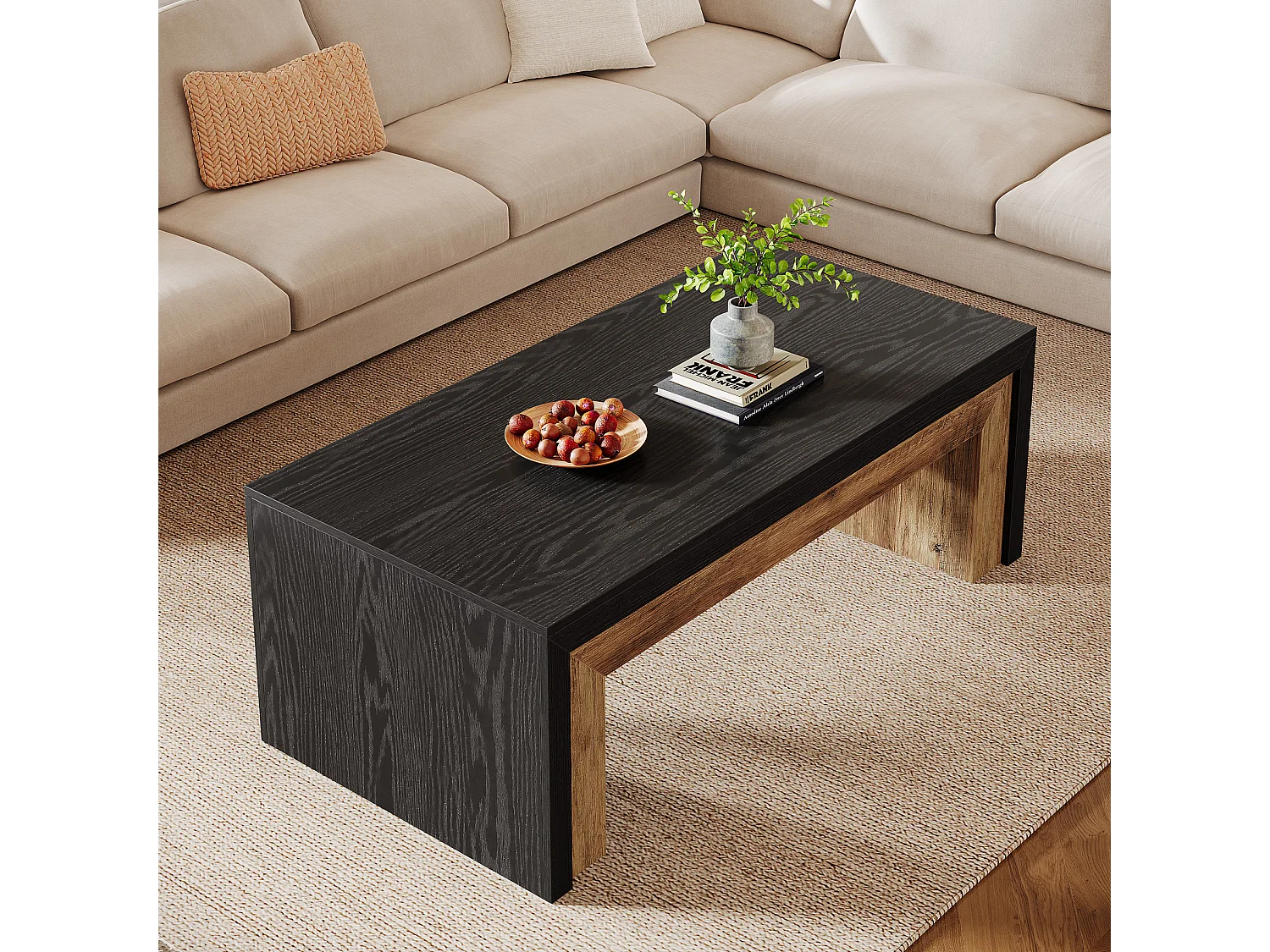 Table basse de style campagnard pour salon, table d'appoint de style milieu du siècle avec base robuste