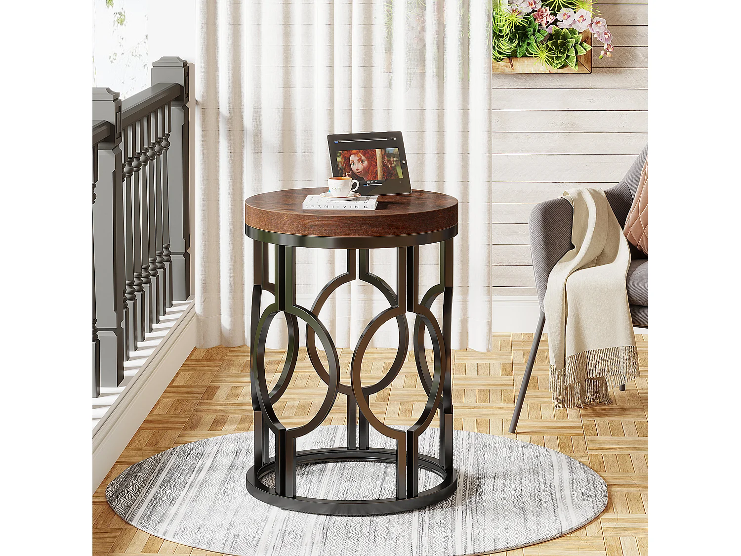 Table d'appoint ronde, table de chevet industrielle avec structure métallique ajourée, petite table de nuit