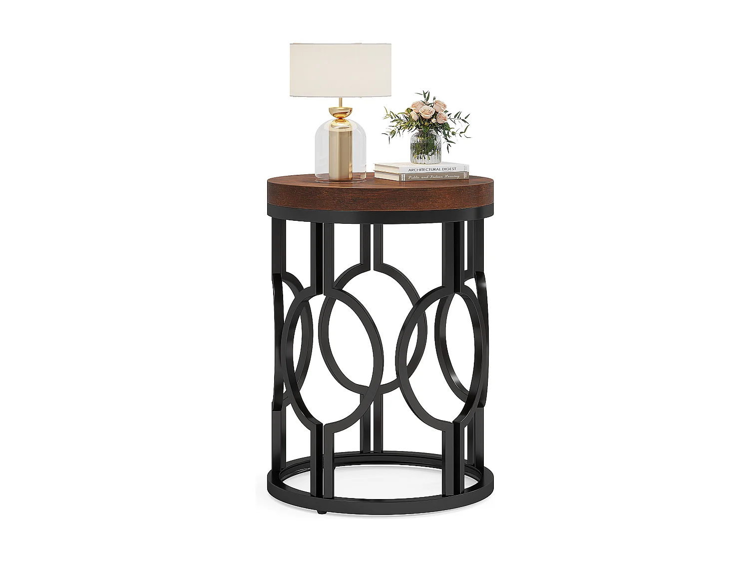 Table d'appoint ronde, table de chevet industrielle avec structure métallique ajourée, petite table de nuit