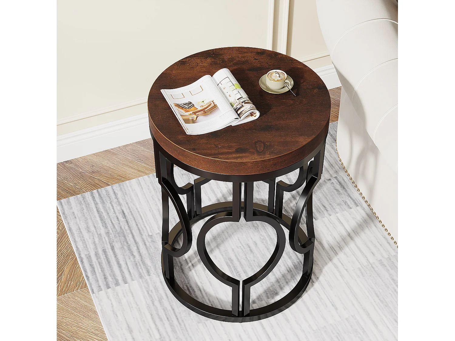 Table d'appoint ronde, table de chevet industrielle avec structure métallique ajourée, petite table de nuit