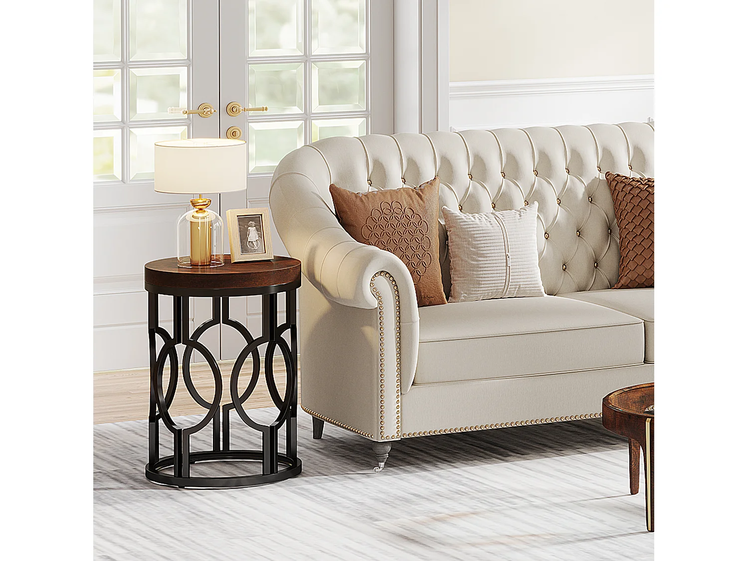 Table d'appoint ronde, table de chevet industrielle avec structure métallique ajourée, petite table de nuit